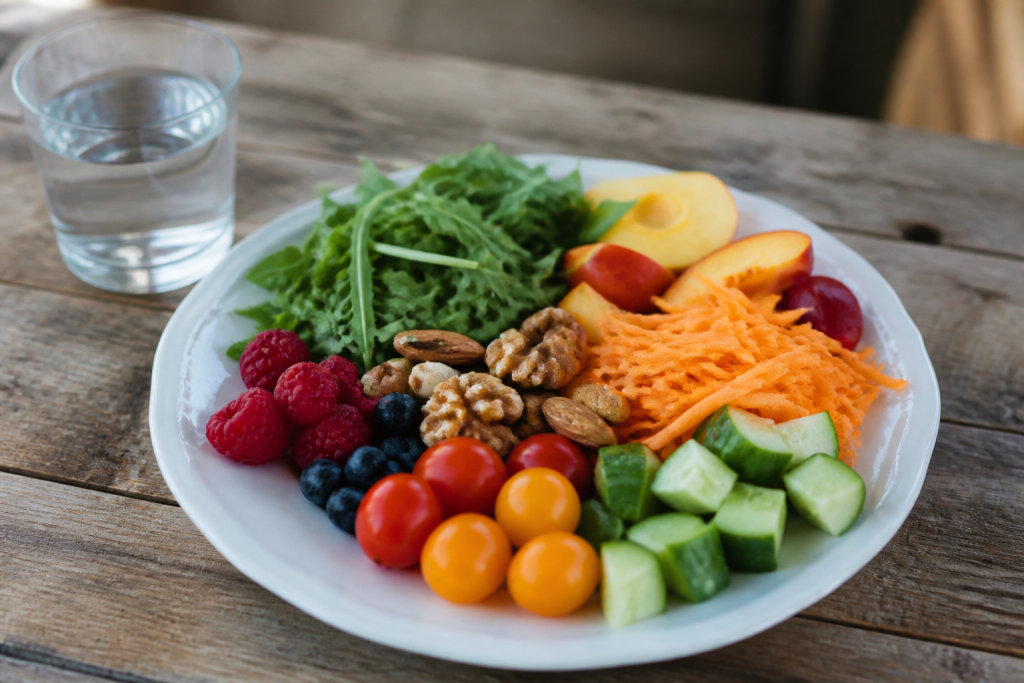Assiette avec legumes fruits noix et eau