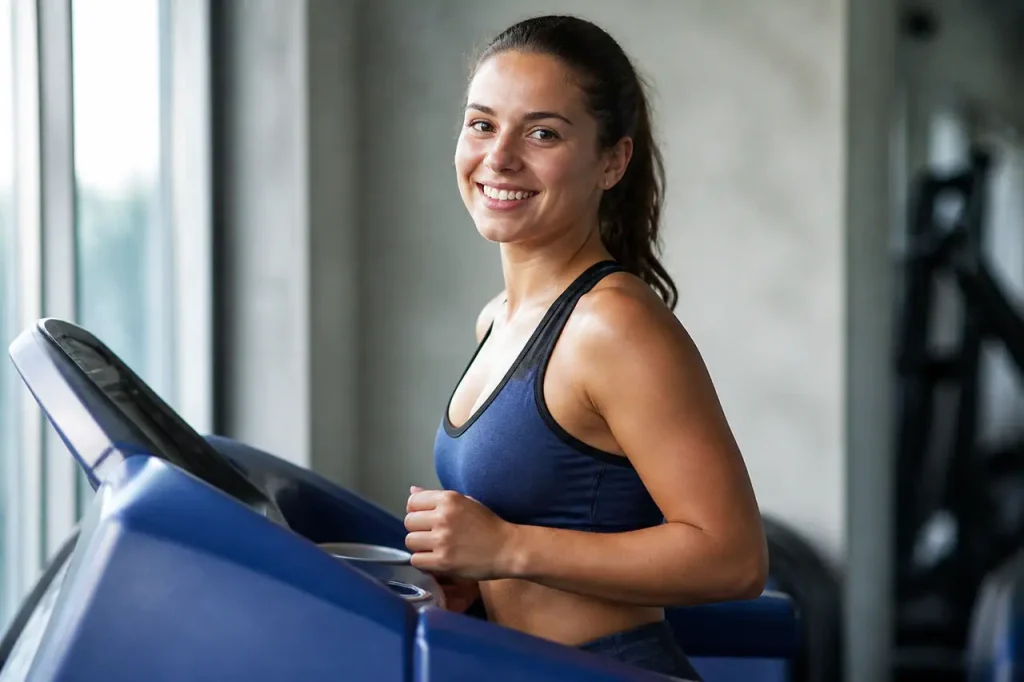 Jeune femme souriante sur un tapis de course bleu